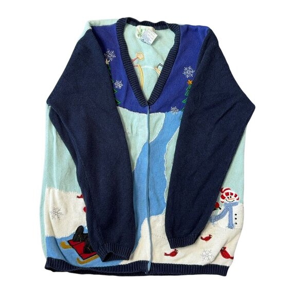 Quacker Factory Cardigan Sweater Snowman Christmas Tree Holiday Winter Theme Lg - Picture 8 of 16